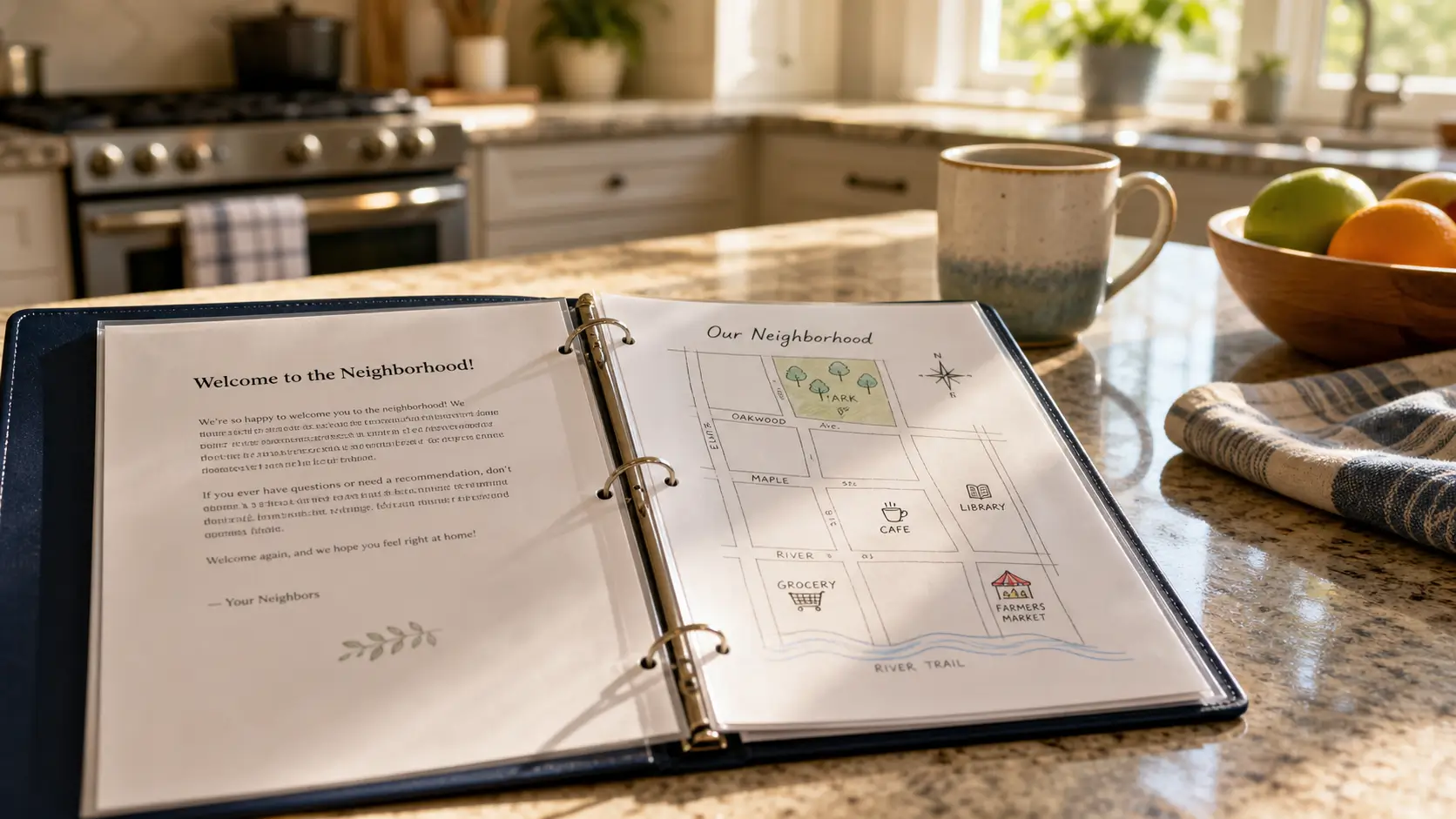 Open Airbnb welcome binder on a sunlit kitchen counter beside a coffee mug.