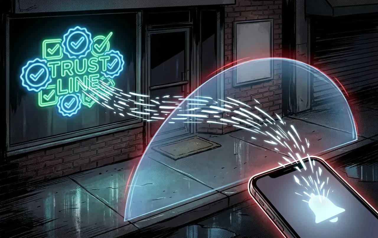 Digital Marketing concept by RockN' Socials; a phone connects to "Trust Line."
