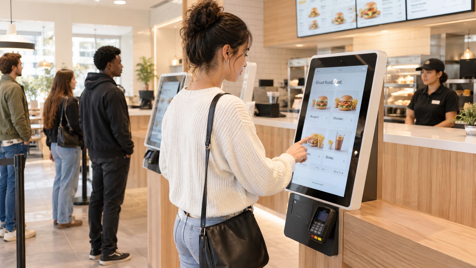 Una mujer joven interactuando con un kiosco de autoservicio digital en un restaurante de comida rápida moderno.