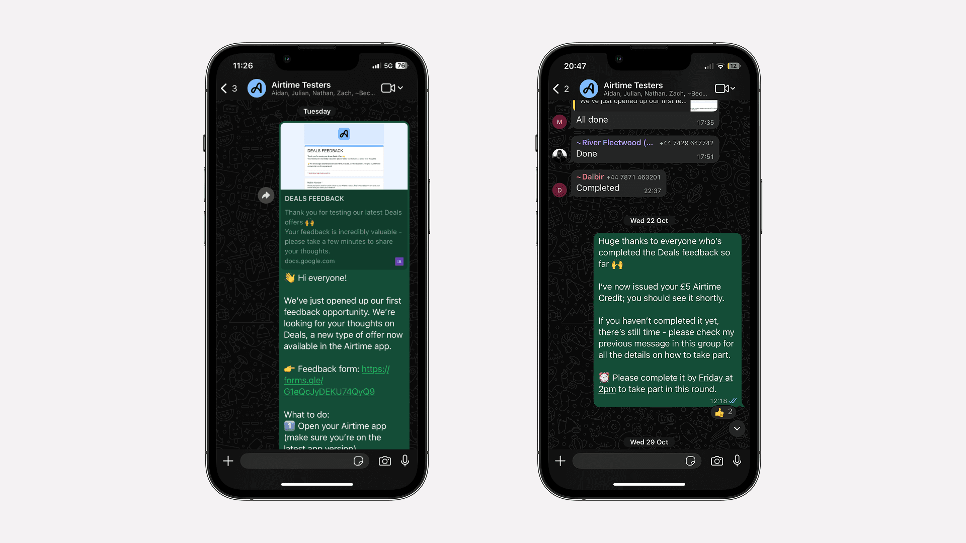 Two WhatsApp chat screenshots showing a feedback request and a follow-up message confirming rewards credit.