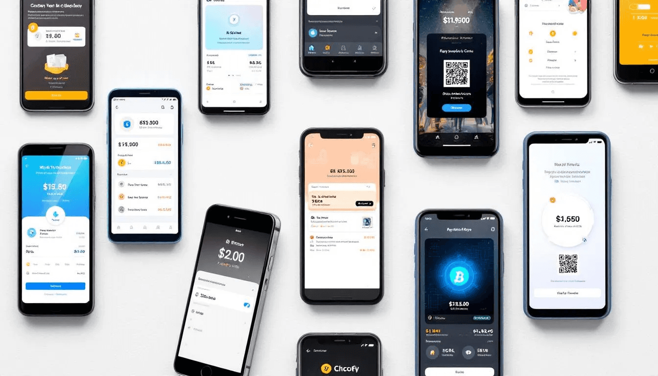The image features multiple smartphones, each showcasing different cryptocurrency mobile apps and payment interfaces, highlighting options for buying and selling bitcoin, managing cryptocurrency wallets, and conducting bitcoin transactions. These apps illustrate various payment methods and platforms for engaging in cryptocurrency investments and financial transactions.