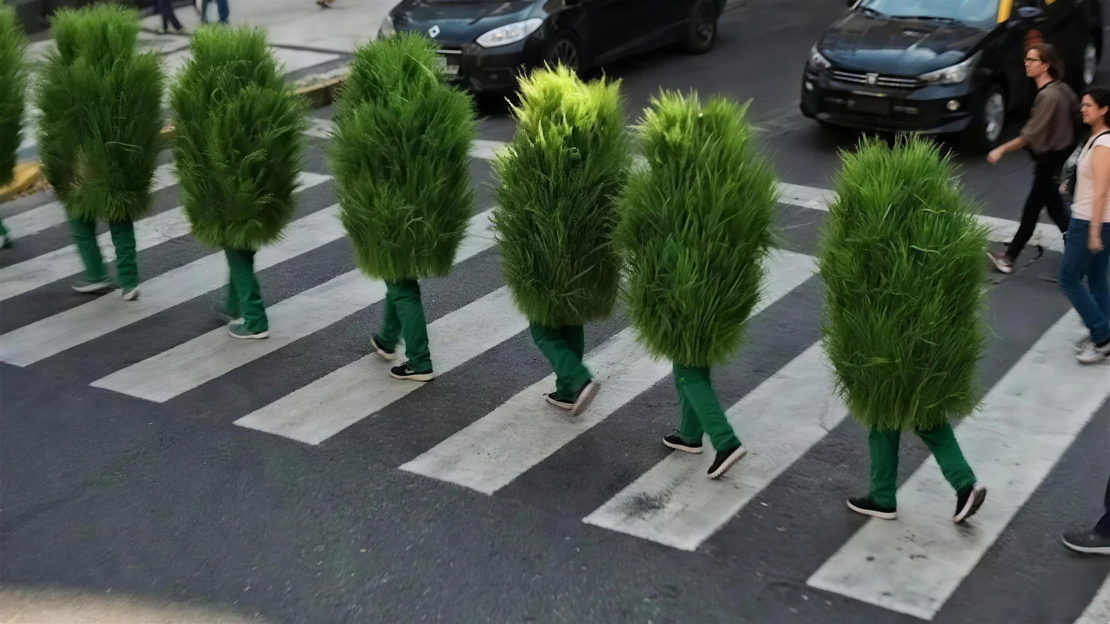 Personajes de pasto cruzando una senda peatonal en una calle porteña, en la pieza de marketing en tiempo real para Alto Palermo