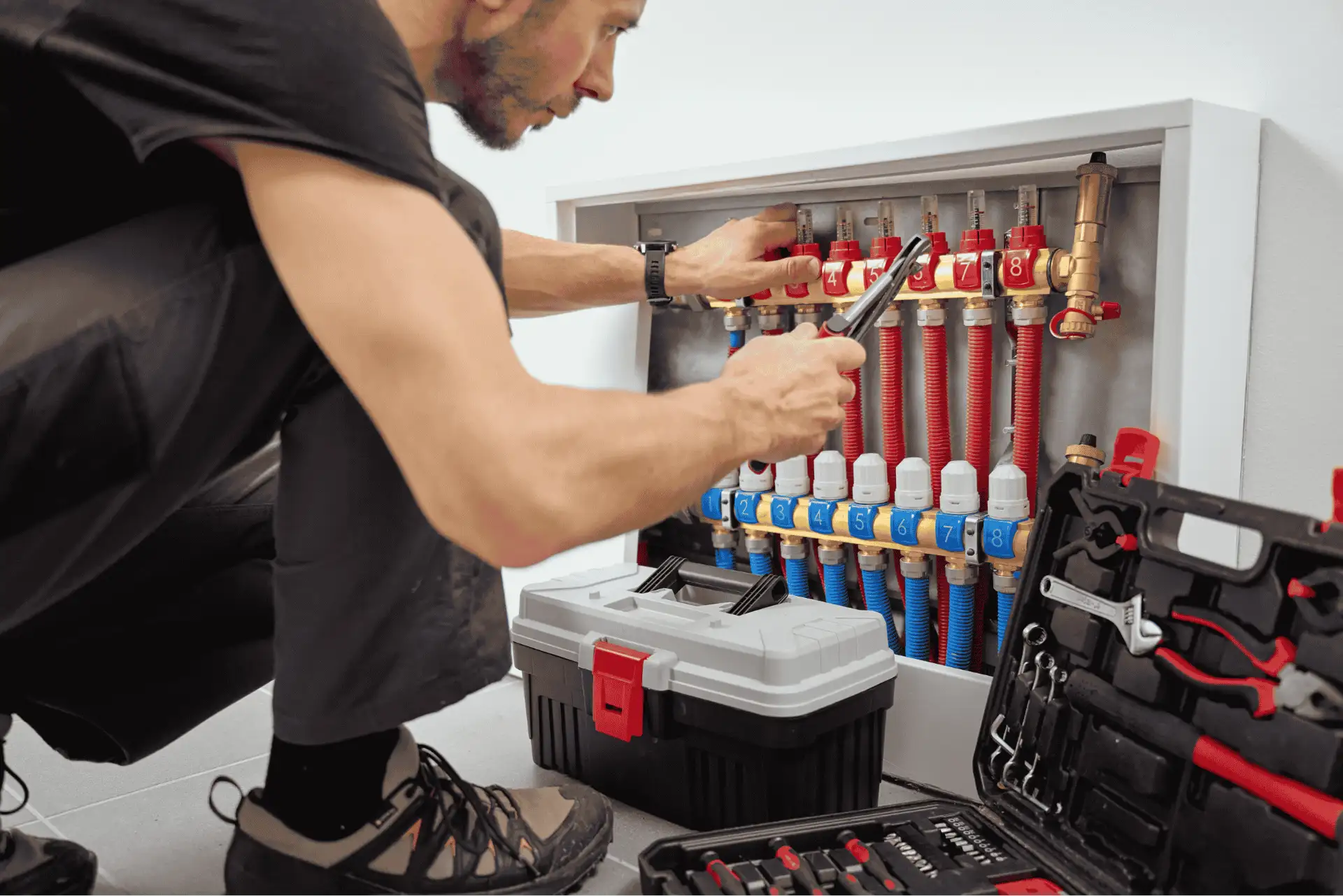 Ein Mann der Rohre überprüft.