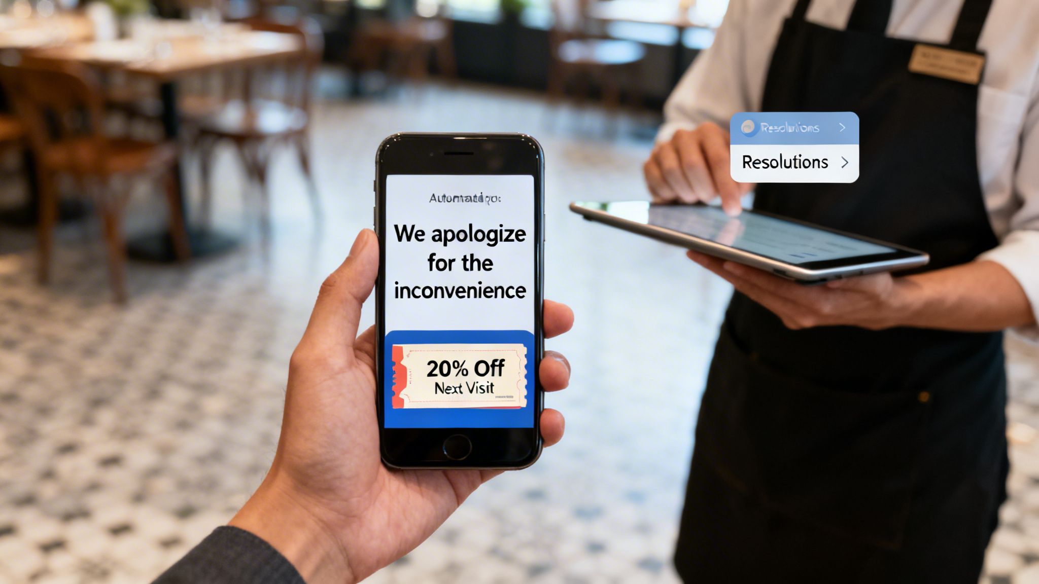 A customer holds a smartphone displaying an apology and a discount, while a server uses a tablet in a restaurant.
