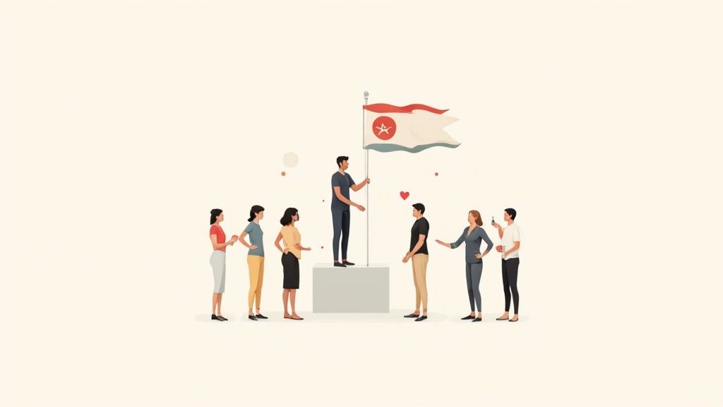 A man on a podium raises a flag with a star symbol, surrounded by a diverse group.