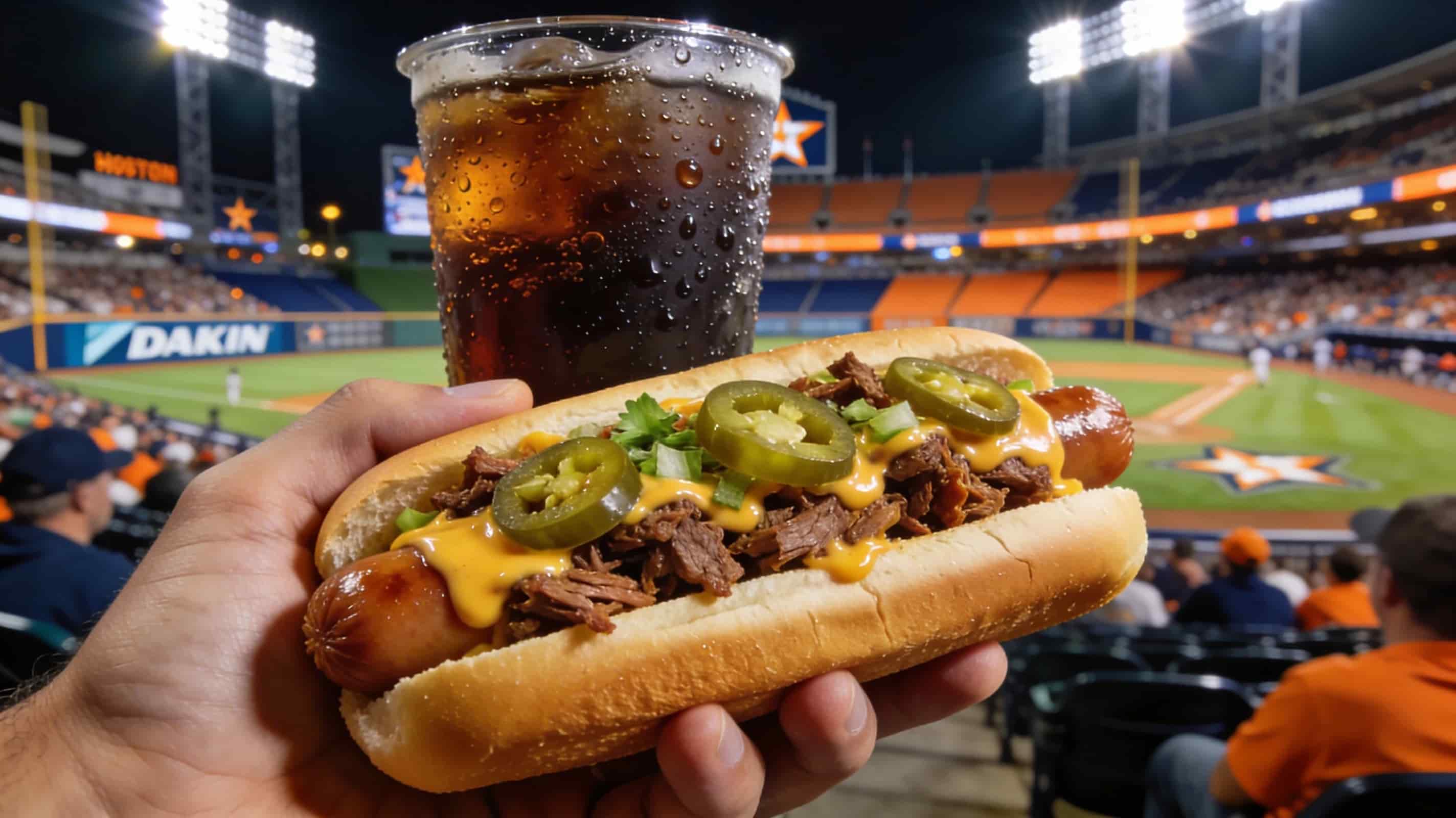 Close-up of stadium food at a Houston Astros game with fans in the background