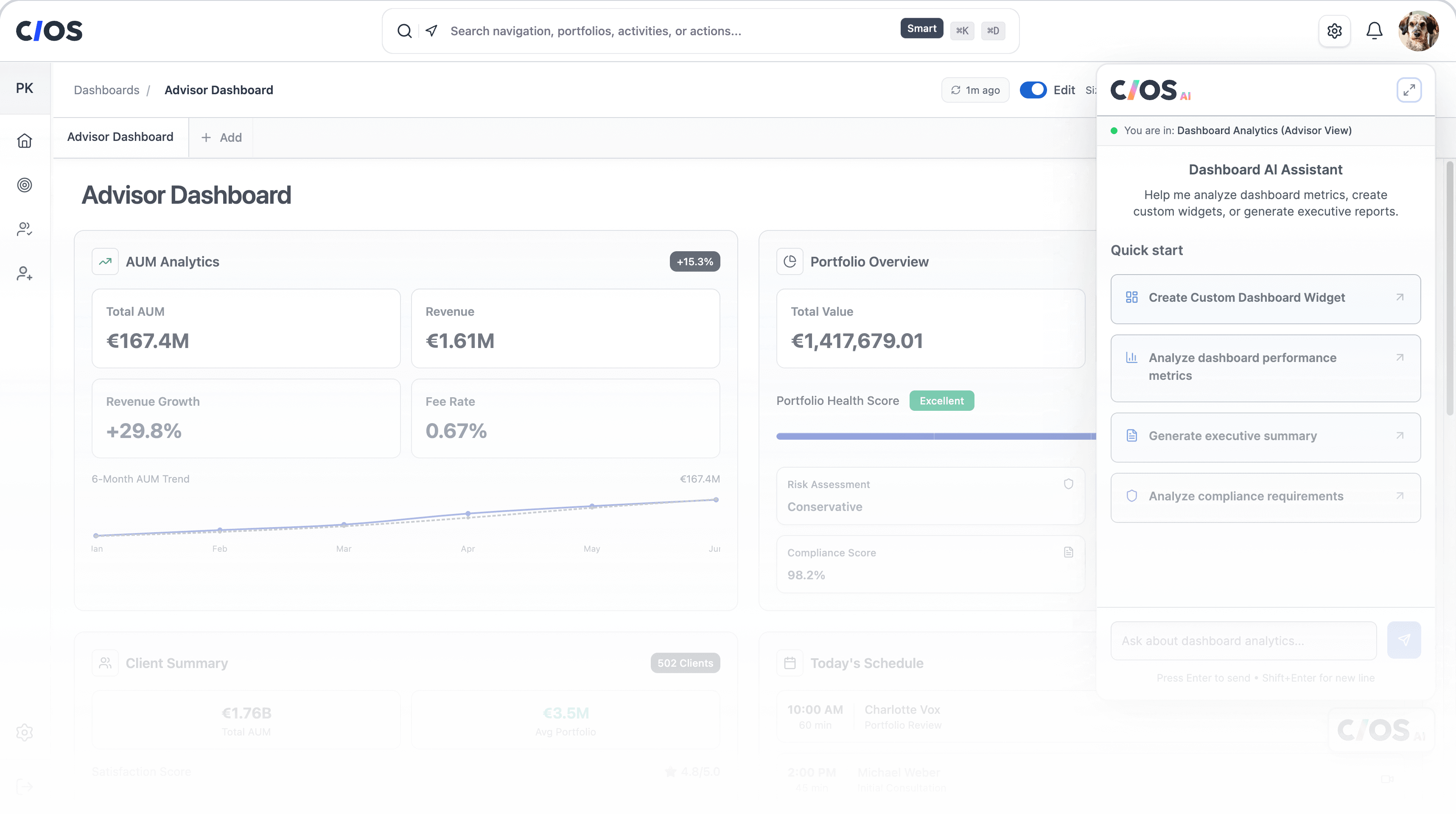 Dashboard von CIOS mit Trusted Advisor Chatfenster und Reporting
