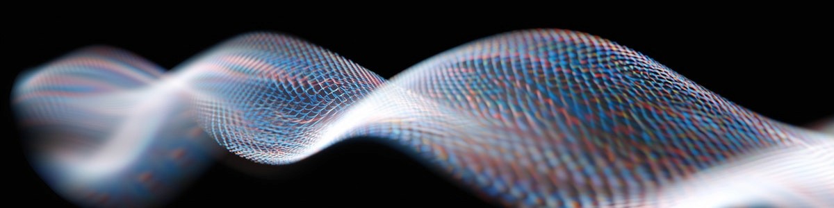 Digital wave pattern with blue and white tones on a black background.