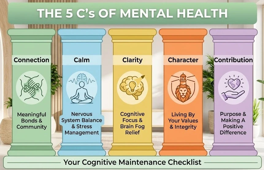 Infographic displaying the 5 Cs of Mental Health: Connection, Calm, Clarity, Character, and Contribution, supported by an icon for each pillar.
