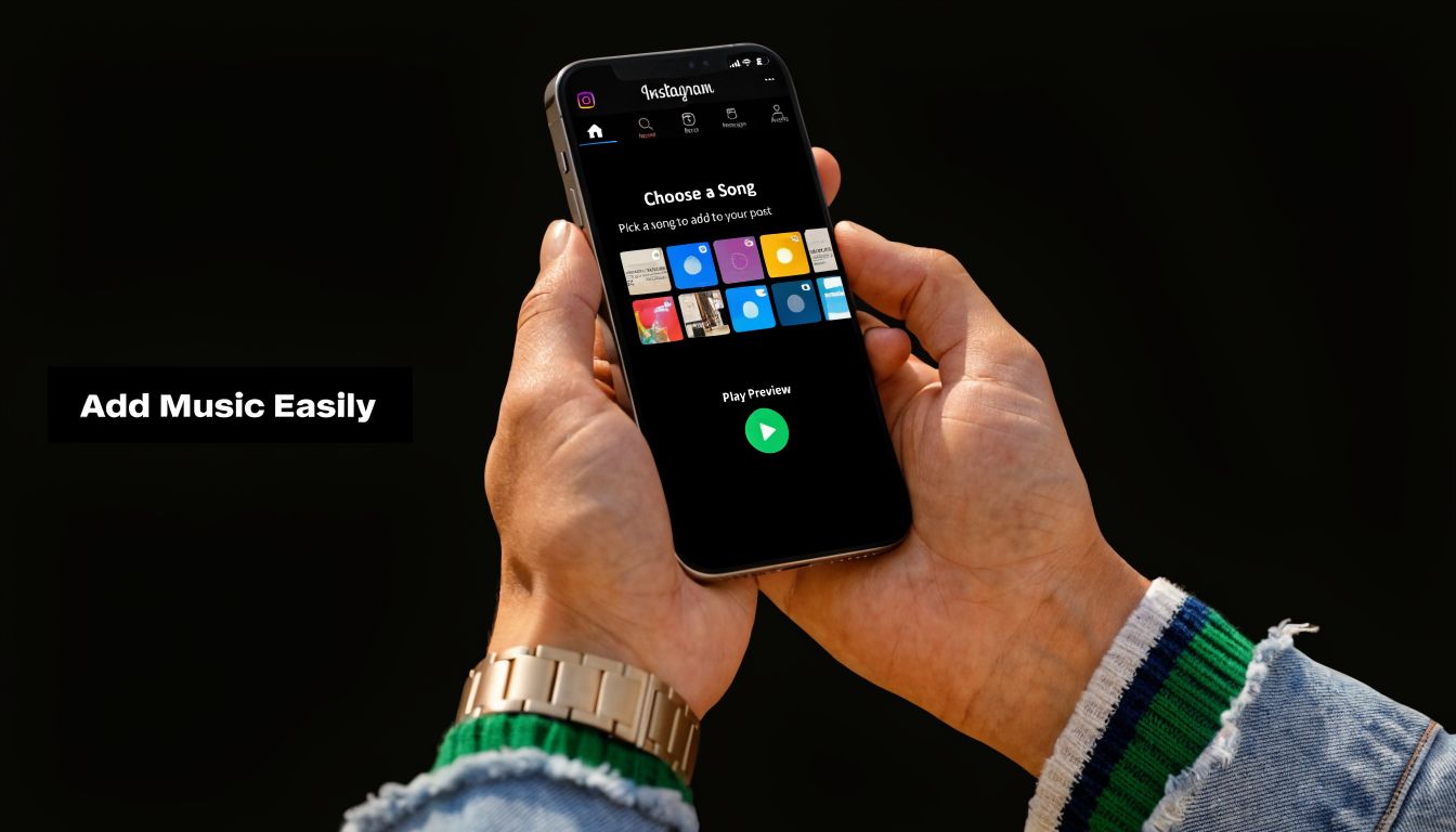 A person holding a smartphone showing an Instagram interface for selecting music to add to a post.
