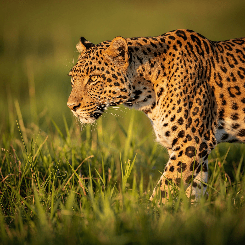 A clean, sharp, high dynamic range close-up profile photograph of a leopard walking through tall green grass. Shot on Sony A7IV.