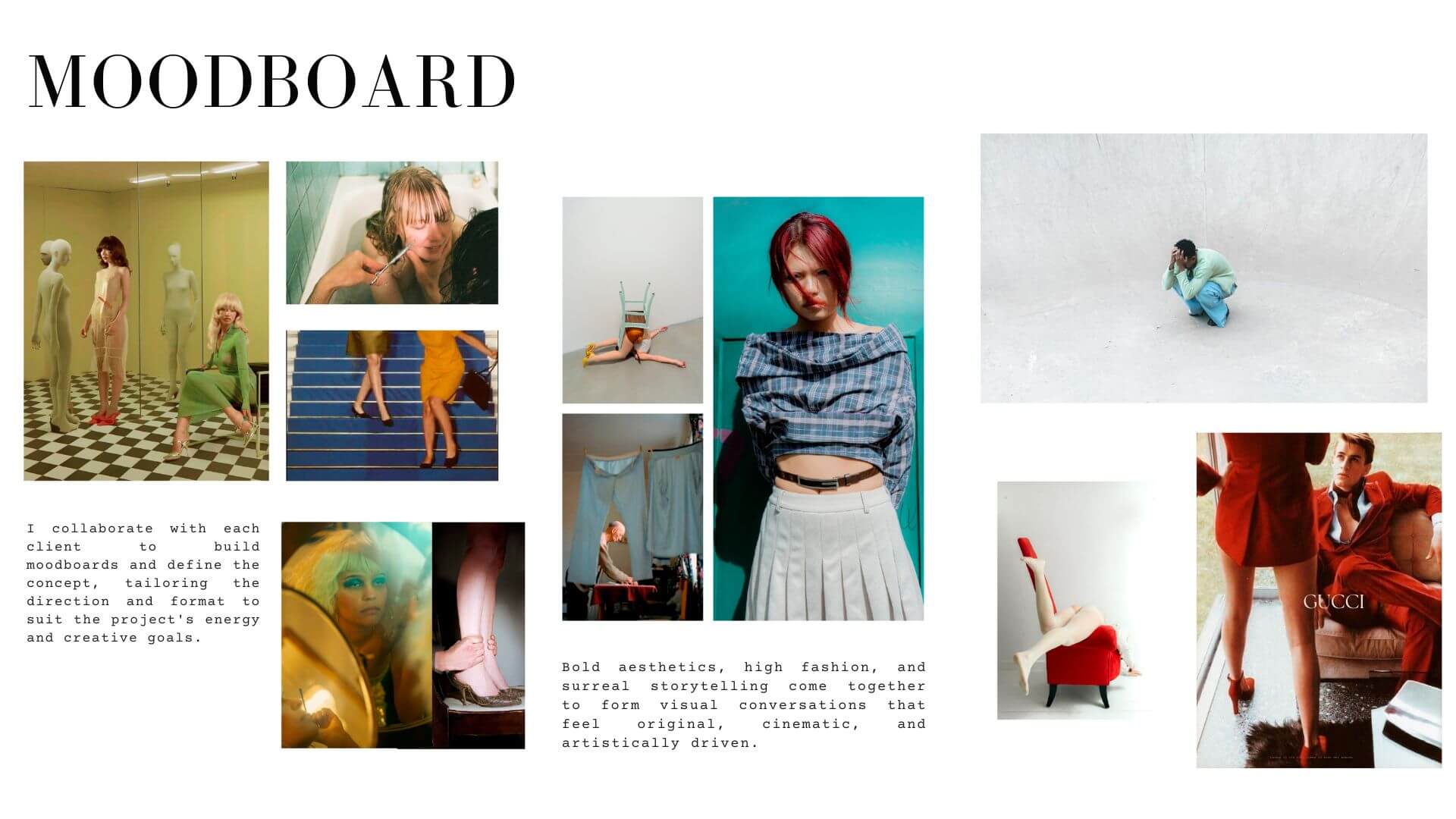 Editorial moodboard collage featuring fashion portraits, movement studies, and cinematic character-driven imagery that reflects Laura Homrich’s artistic direction and visual identity.