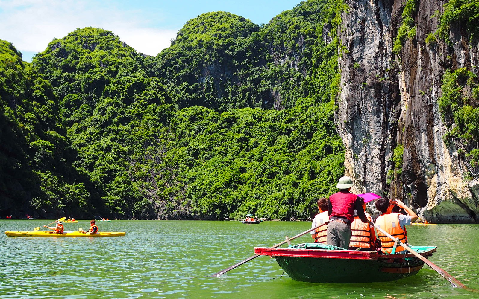 游客乘坐竹船和皮划艇游览下龙湾，伴随着绿色峭壁。