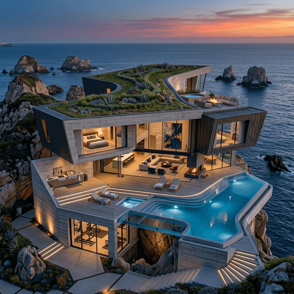 modern house with a big field