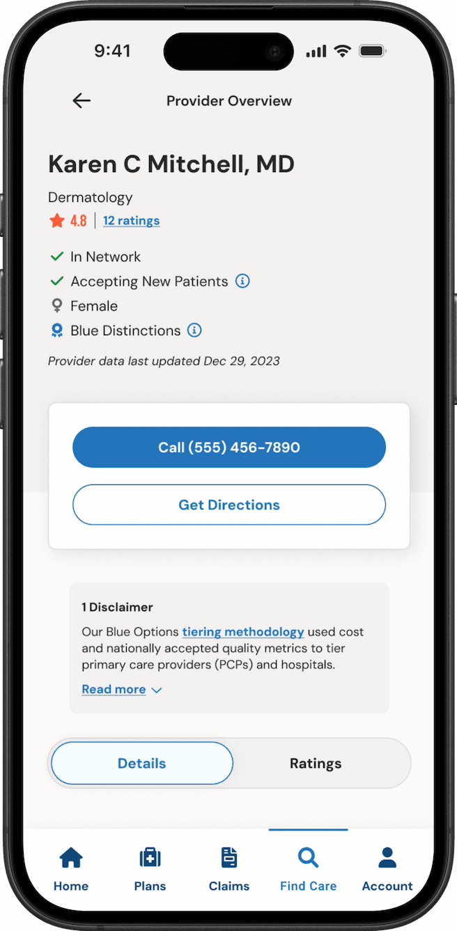 Provider overview for a dermatologist with rating, network status, and call and directions buttons