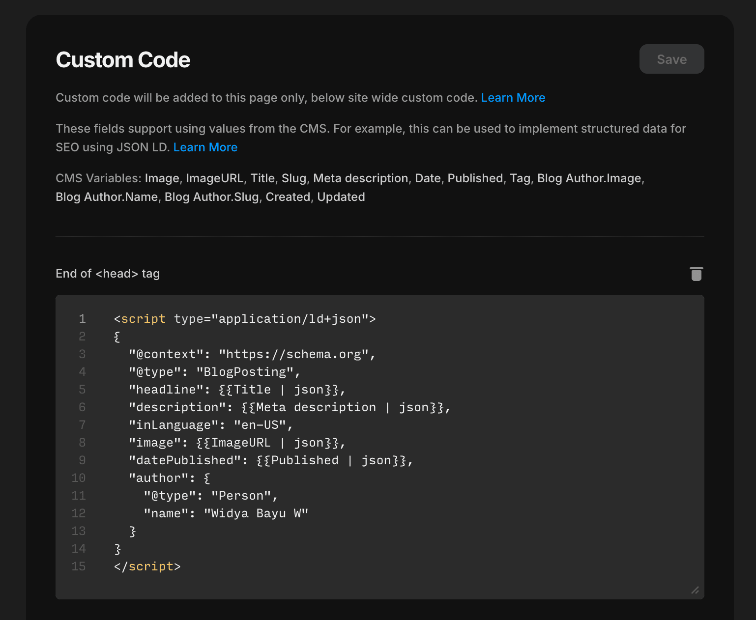 Framer custom code in site settings