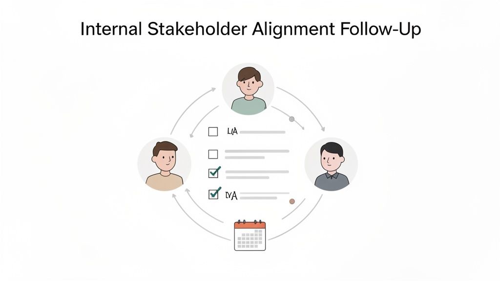 An illustration of internal stakeholder alignment follow-up, showing three individuals, a checklist with tasks, and a calendar.