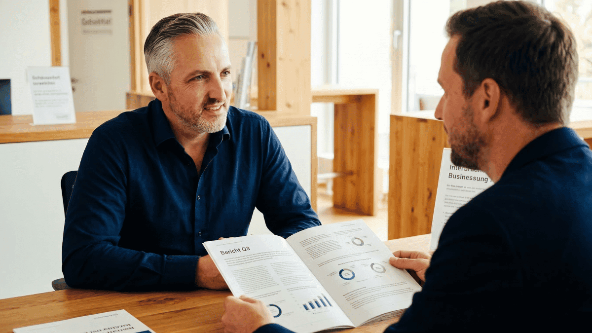 Versicherungsmakler Hannes Weindorf erklärt einem Geschäftsführer die betriebliche Altersvorsorge