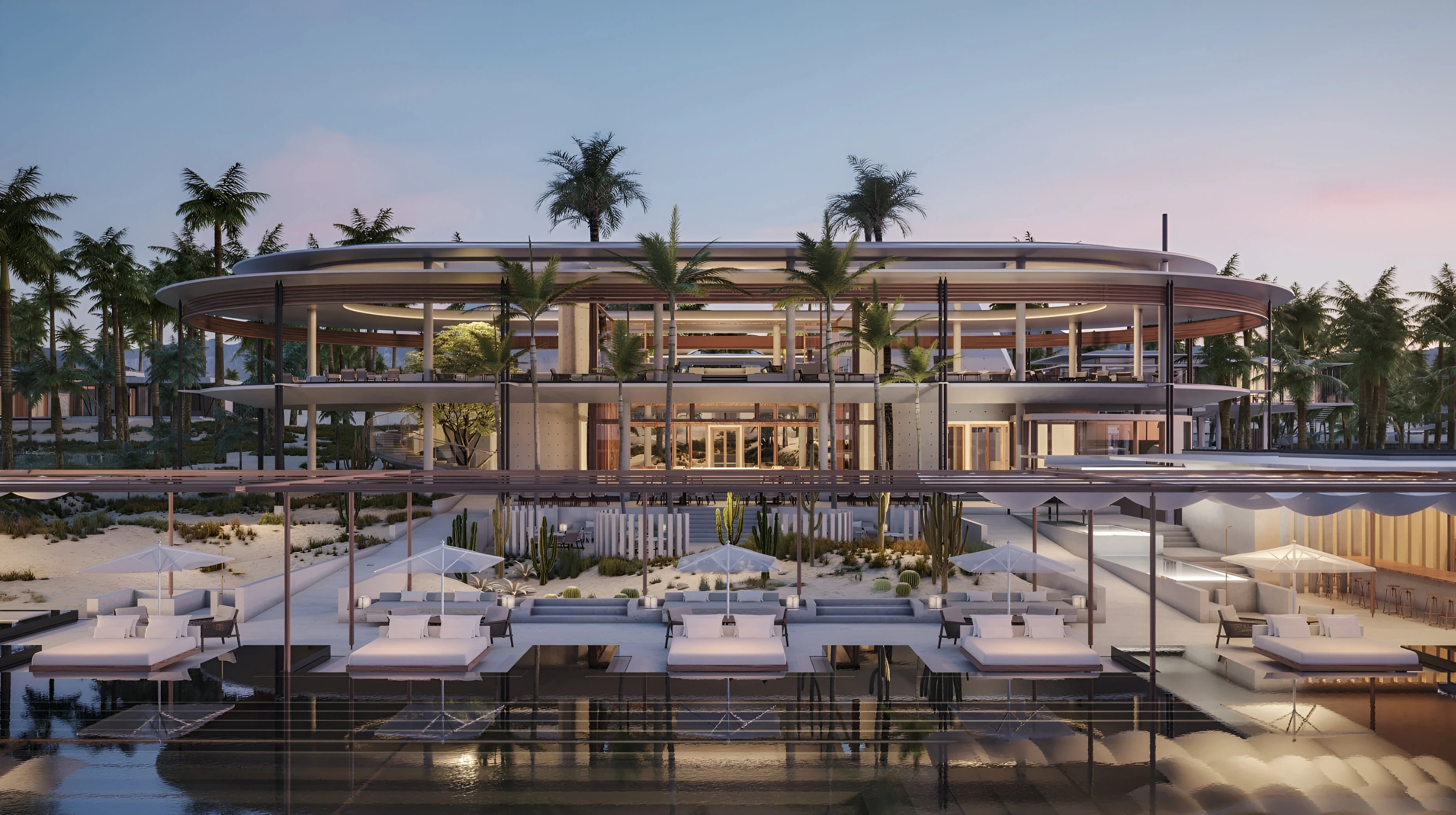 Resort Amanvari Los Cabos con arquitectura de lujo iluminada, cancelería premium de gran formato y espacios abiertos frente al mar
