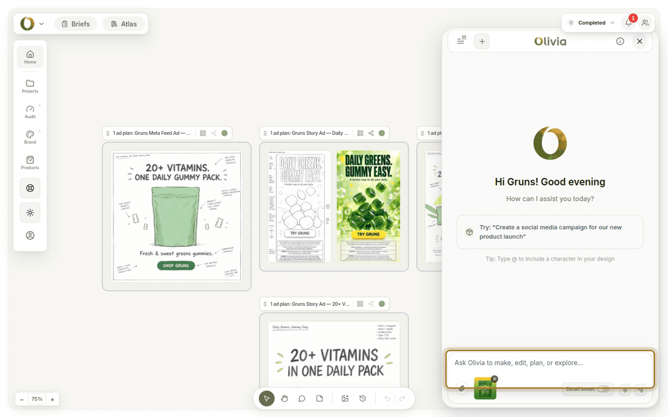 Olivia turning one plain-language brief into three on-brand 9:16 Story ad sketches, compared with free AI tools that need re-prompting