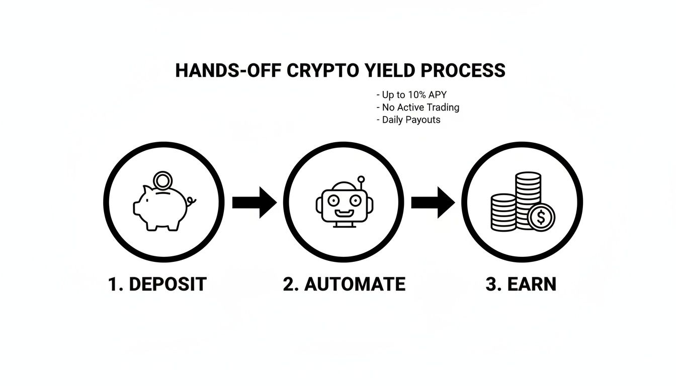 Visualizing a three-step hands-off crypto yield process: deposit, automate with a robot, and earn money.