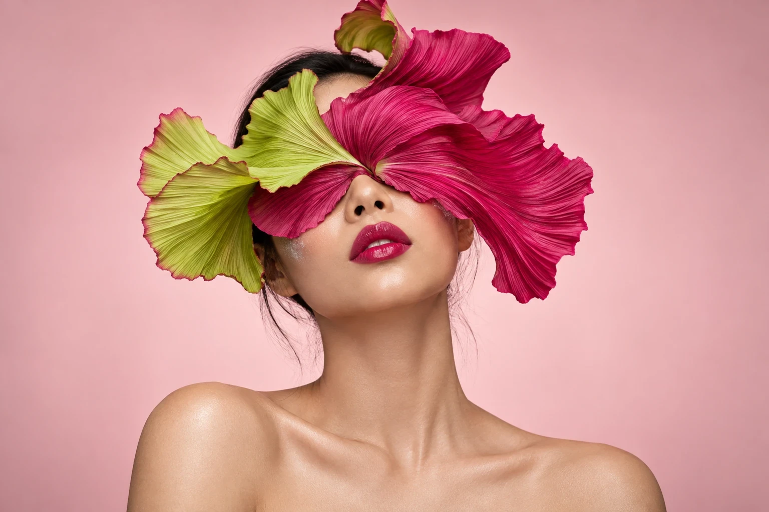 Pink and lime-green petals cover the eyes above glossy pink lips