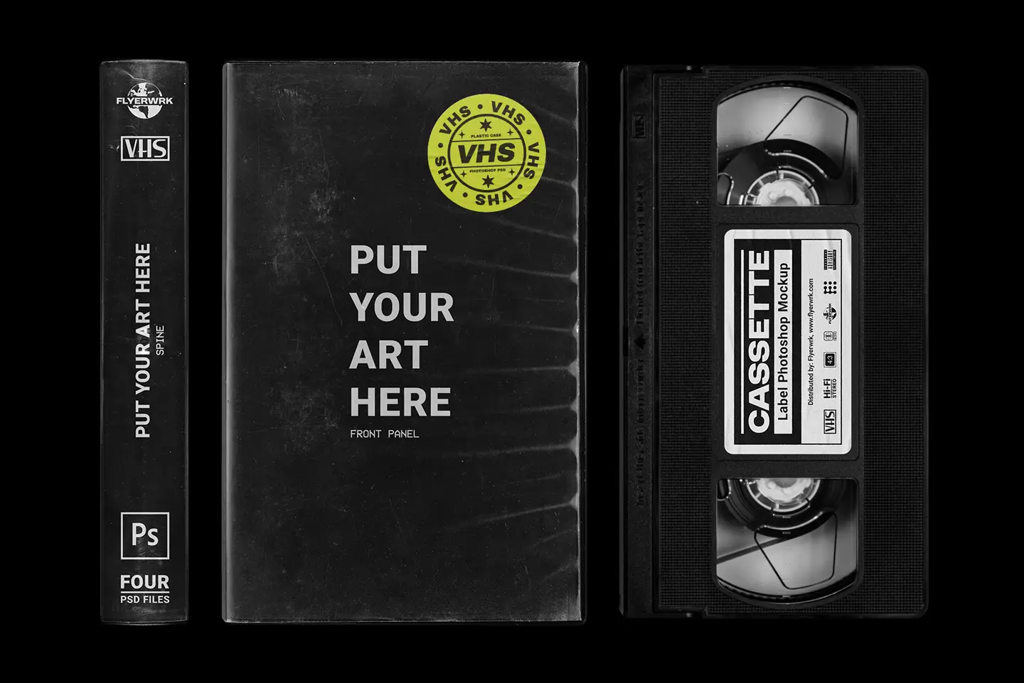 Vintage VHS cassette tape case mockup showing front cover spine and tape