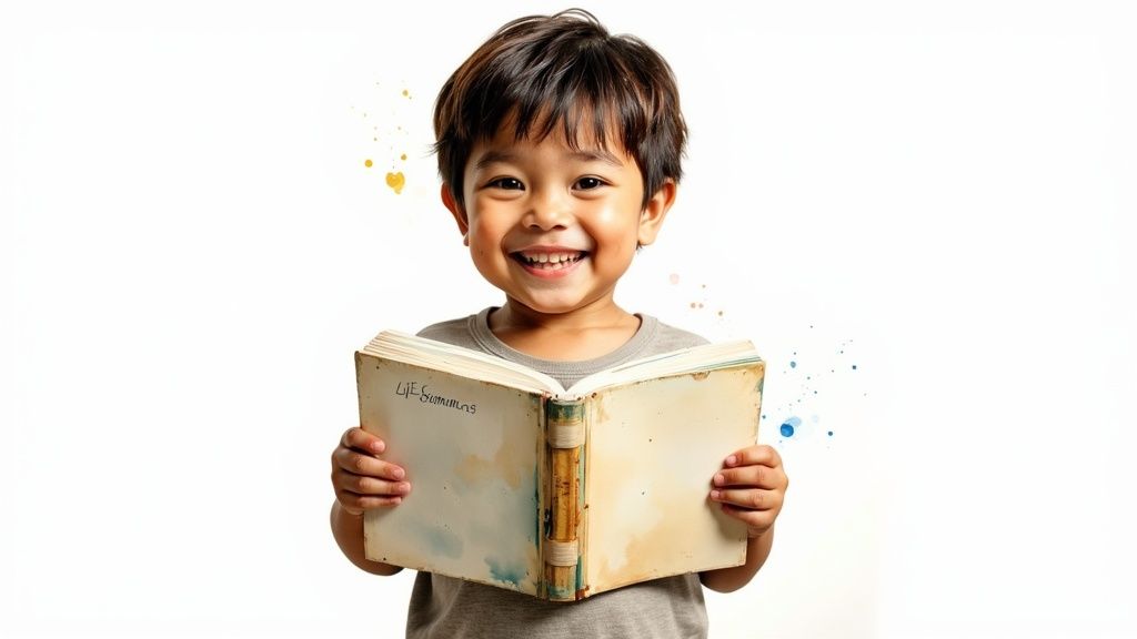 A happy young boy with dark hair smiles brightly while holding an open book.