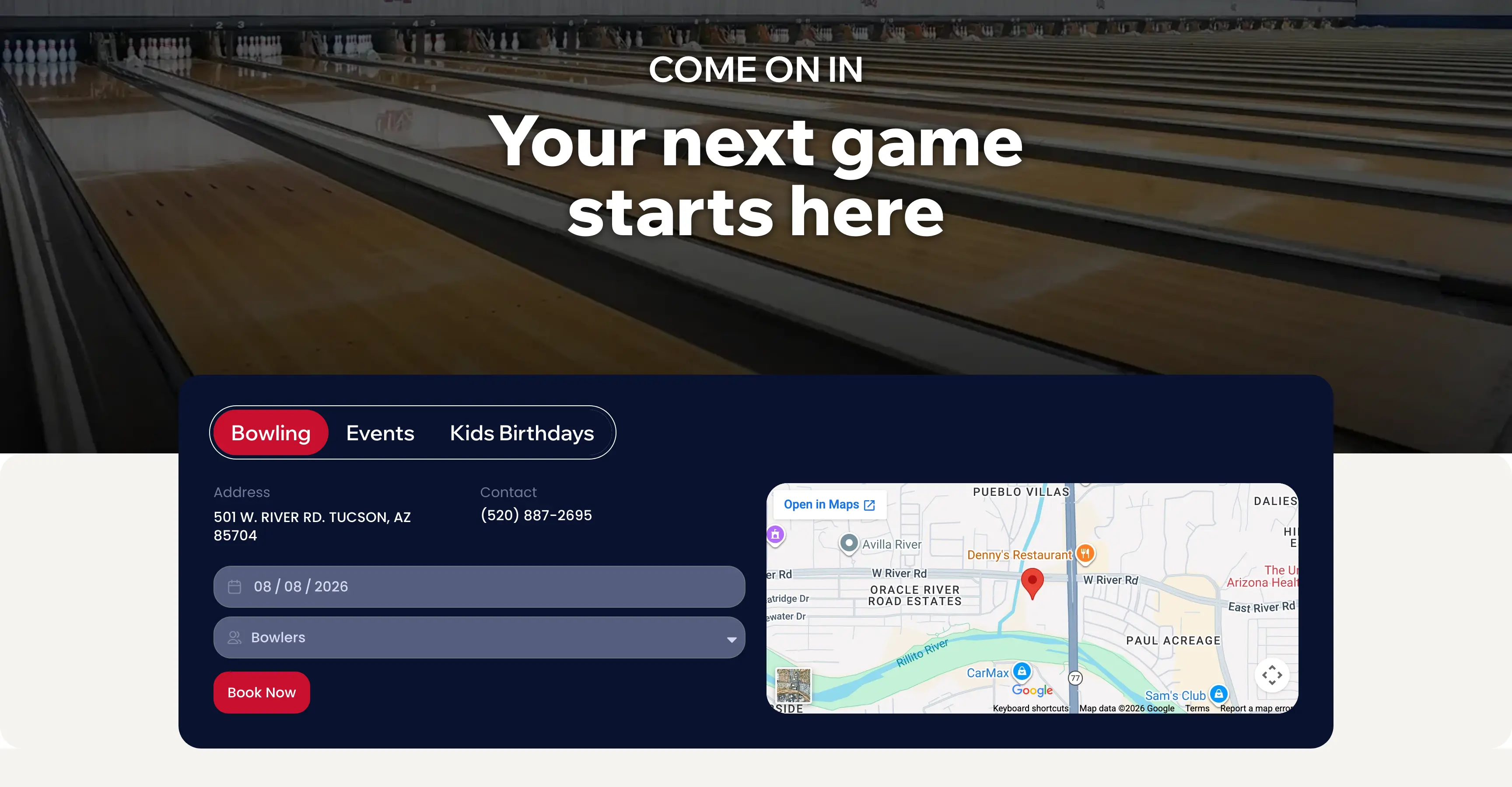 Bowling lanes above a dark blue booking panel with date, party size and location fields