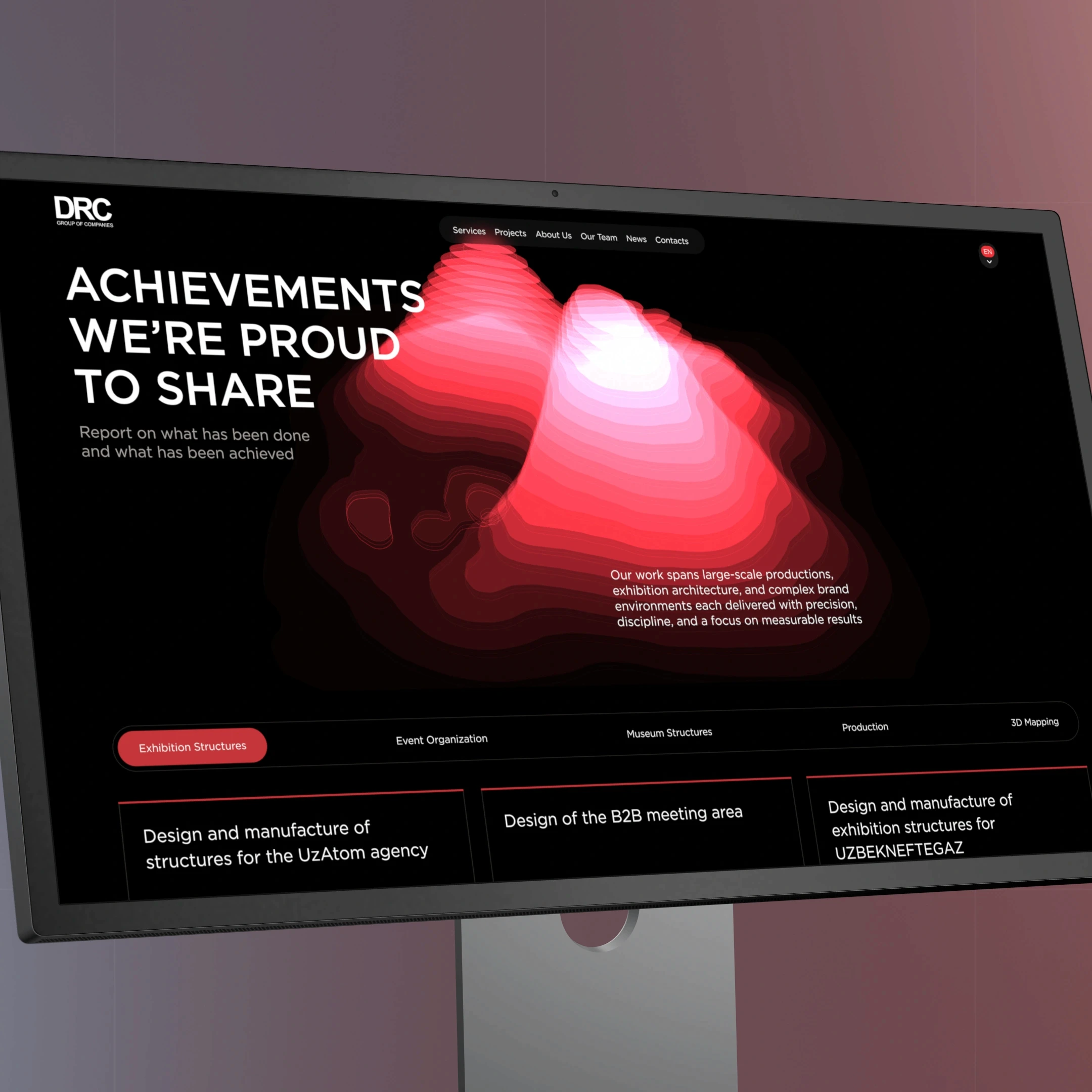 Showcase of achievement cards for an agency portfolio, featuring large-scale exhibition stands and event production projects.