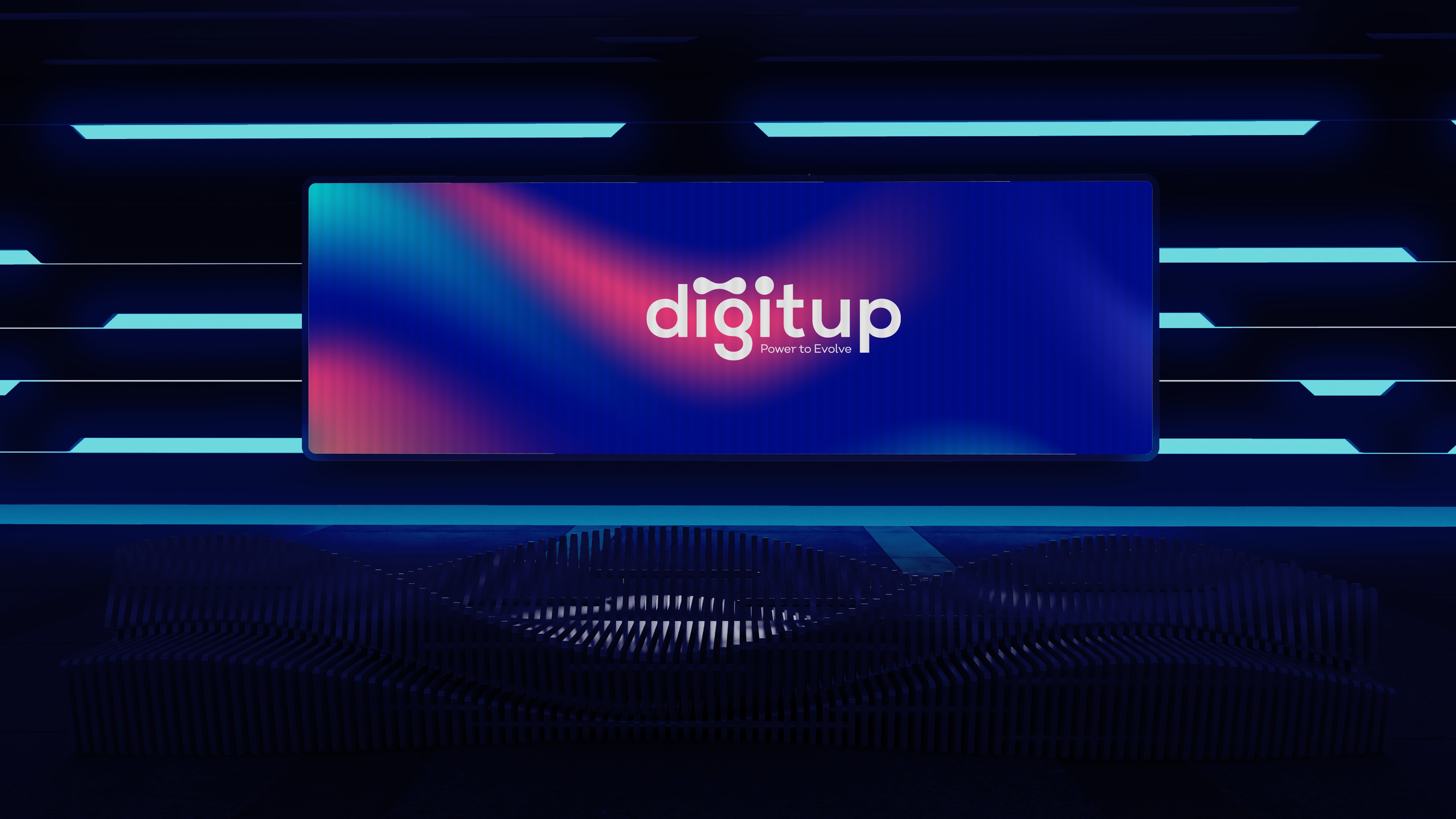 A vibrant abstract background featuring the logo "digitup" with the tagline "Power to Evolve" in bold, white text.