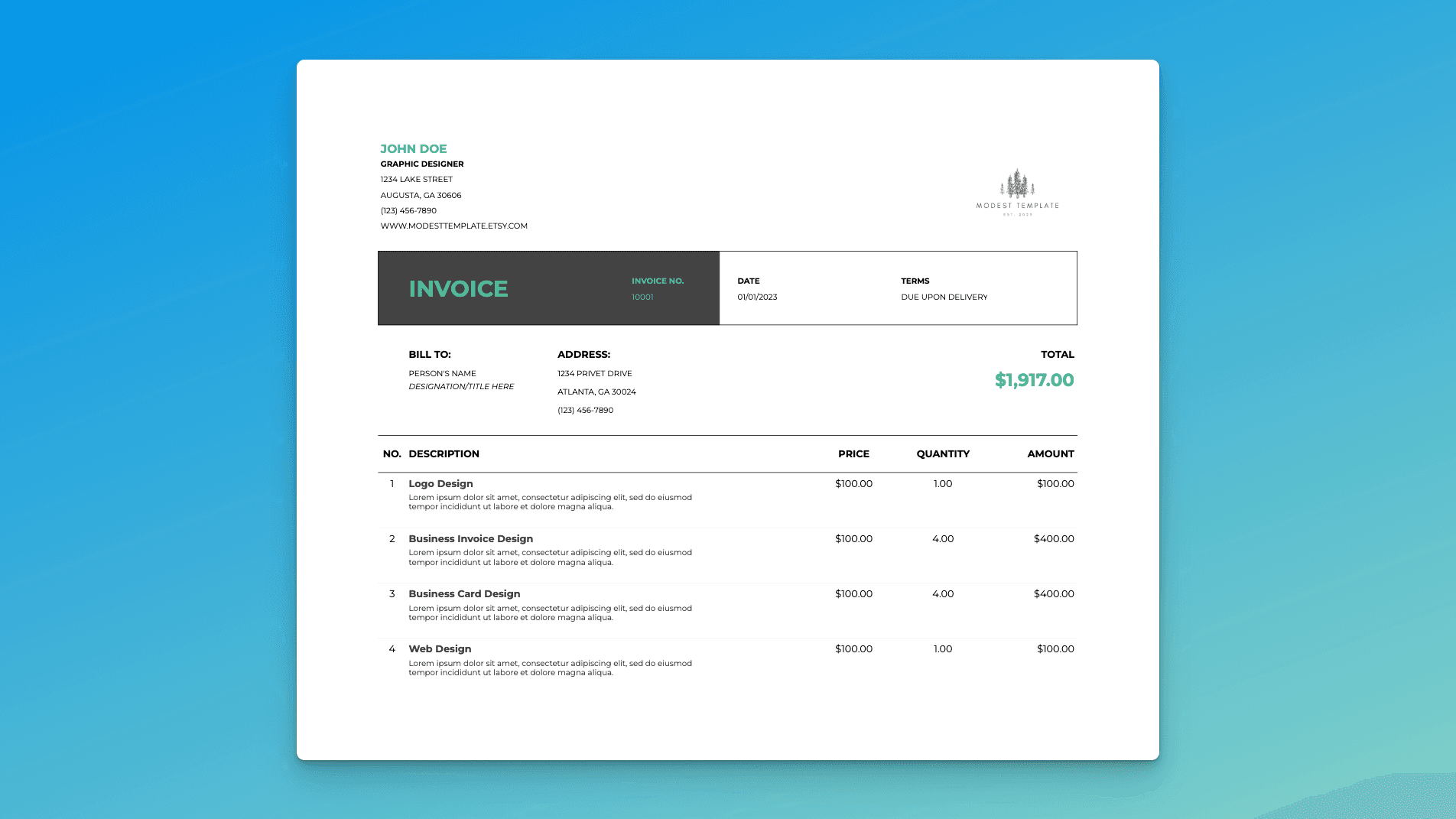 Invoice spreadsheet template with line items, payment terms, and automatically calculated totals.