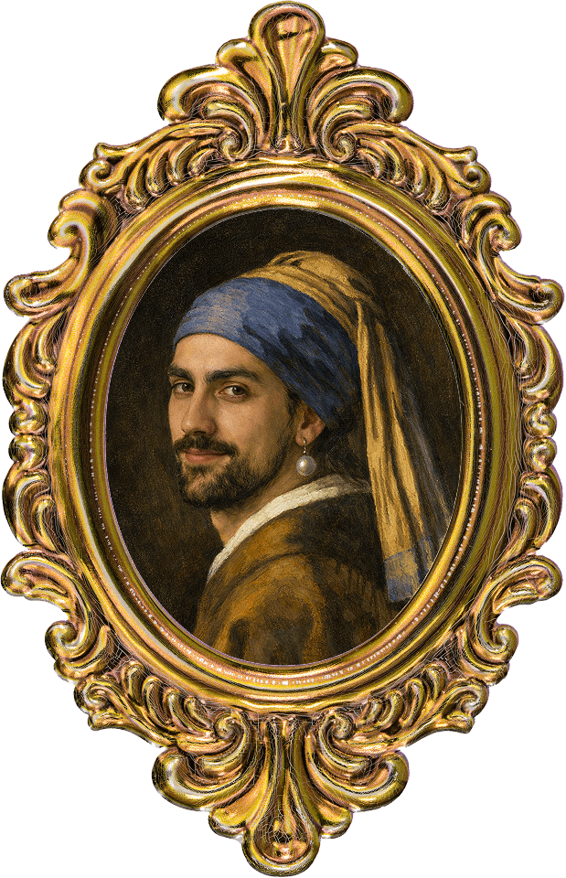 Portrait of a bearded man with a blue turban and pearl earring.