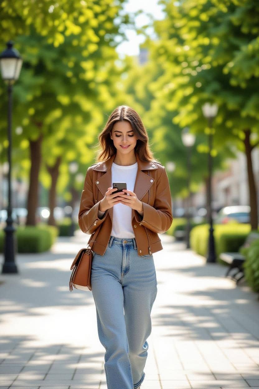 A woman in a brown leather jacket walks down a tree-lined path while looking at her smartphone.