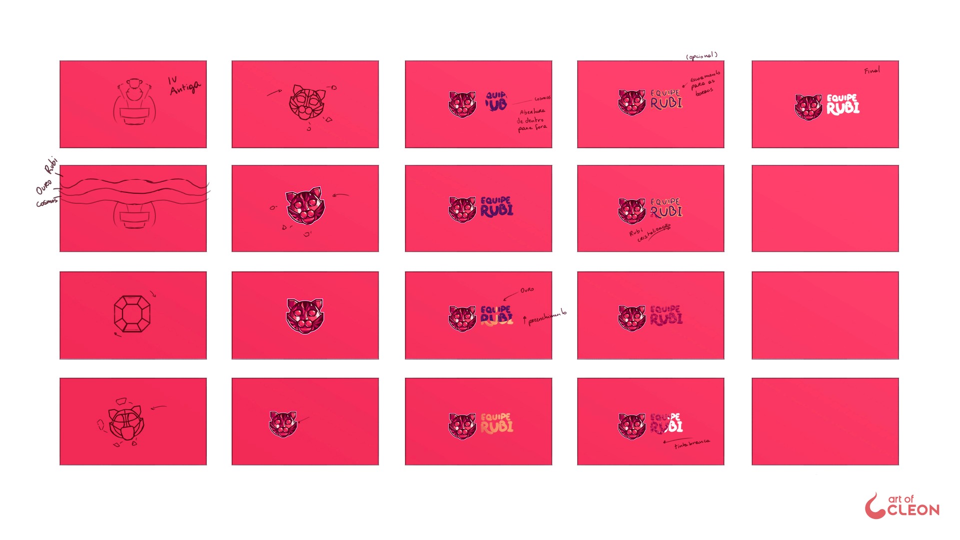 Storyboard exploring the transition from the earlier mark to the ruby, cat symbol and Equipe Rubi lettering.