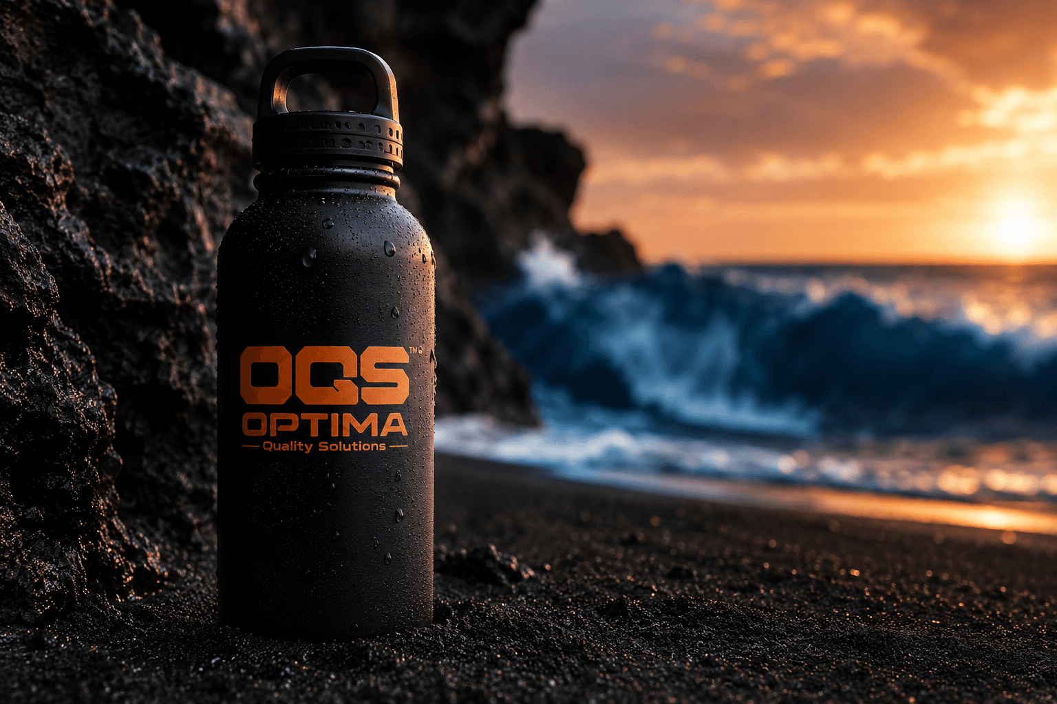 Black water bottle with OQS Optima Quality Solutions logo on a dark, rocky beach at sunset with waves crashing.