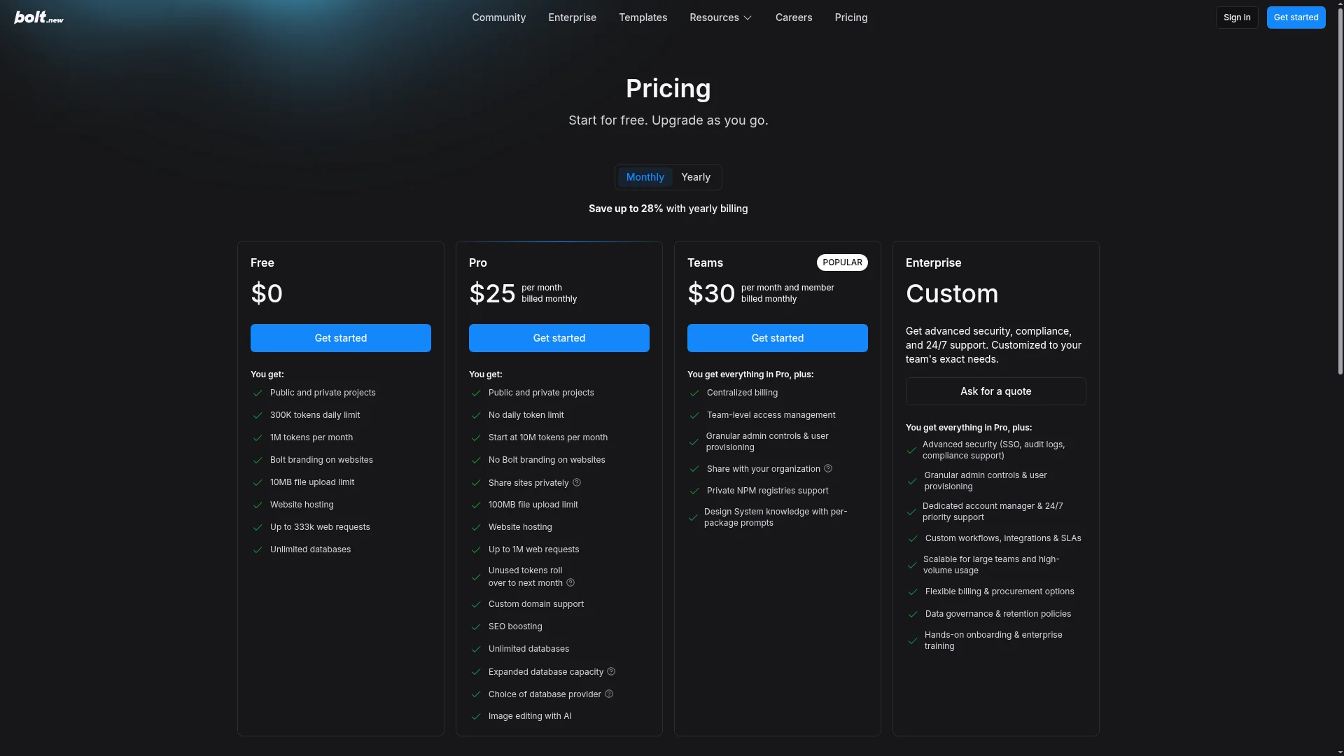 Bolt.new 2026 pricing page showing Free, Pro, Teams, and Enterprise plans