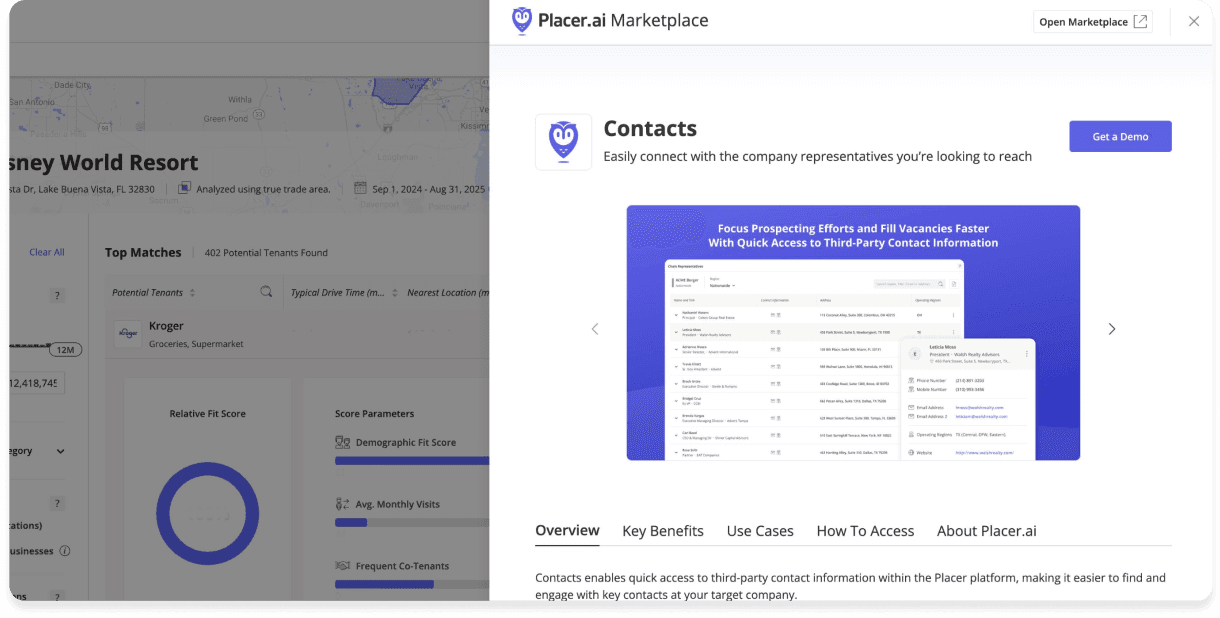 The Marketplace Dashboard drawer inside the Placer platform