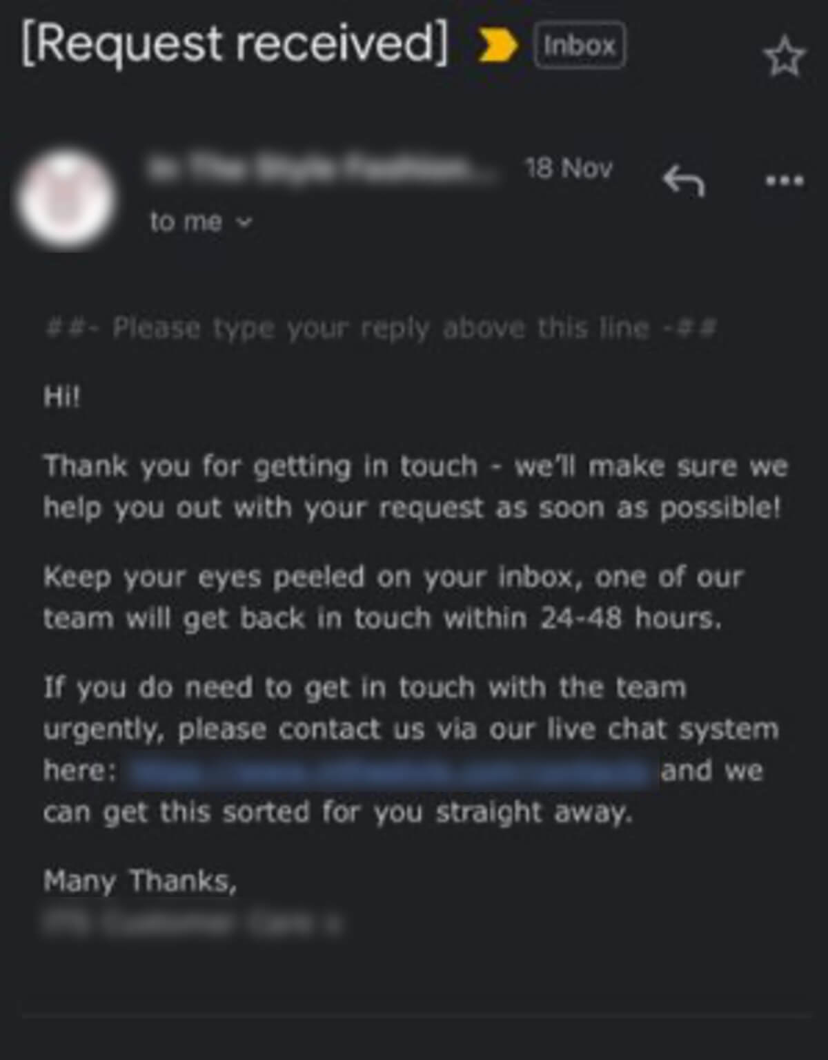 Customer service email confirming request received