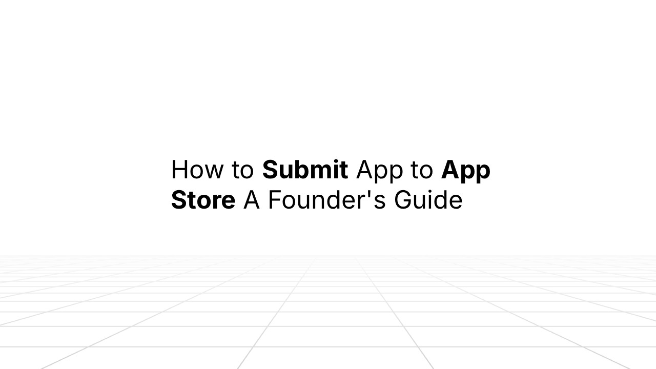 Minimalist title slide with black text reading ‘How to Submit App to App Store: A Founder’s Guide’ centered on a white background with a subtle grid floor.