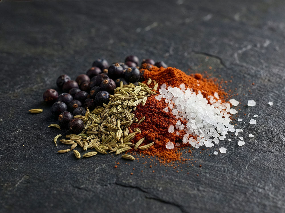 Juniper berries, fennel seeds, paprika and sea salt on a dark stone table.