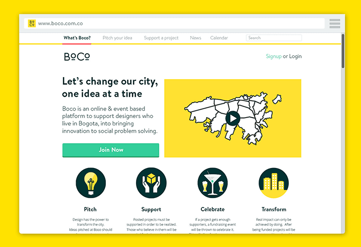 A screenshot of the Boco website shows a white background with a yellow border. The top bar displays “www.boco.com.co,” “What's Boco?,” “Pitch your idea,” “Support a project,” “News,” “Calendar,” and “Search.” A central graphic features a stylized map of Bogota in yellow with a dark blue play button. Below, the text reads “Let’s change our city, one idea at a time.” Further text describes Boco as an online and event-based platform for designers in Bogota to support innovation and social problem-solving. A green “Join Now” button is positioned below. Four circular icons at the bottom represent “Pitch,” “Support,” “Celebrate,” and “Transform,” each with accompanying text explaining their functions.