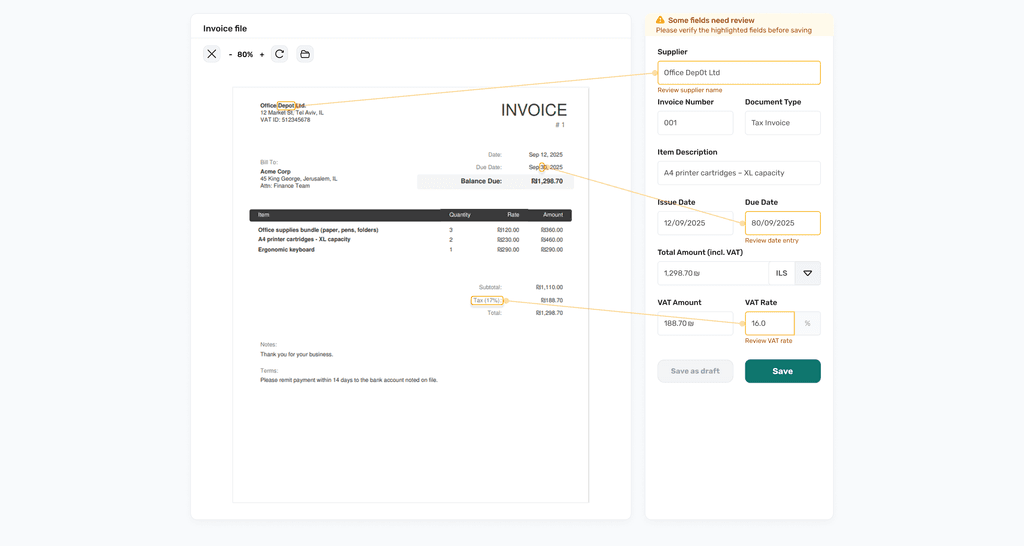 Invoice scanning warning state with highlighted fields requiring review