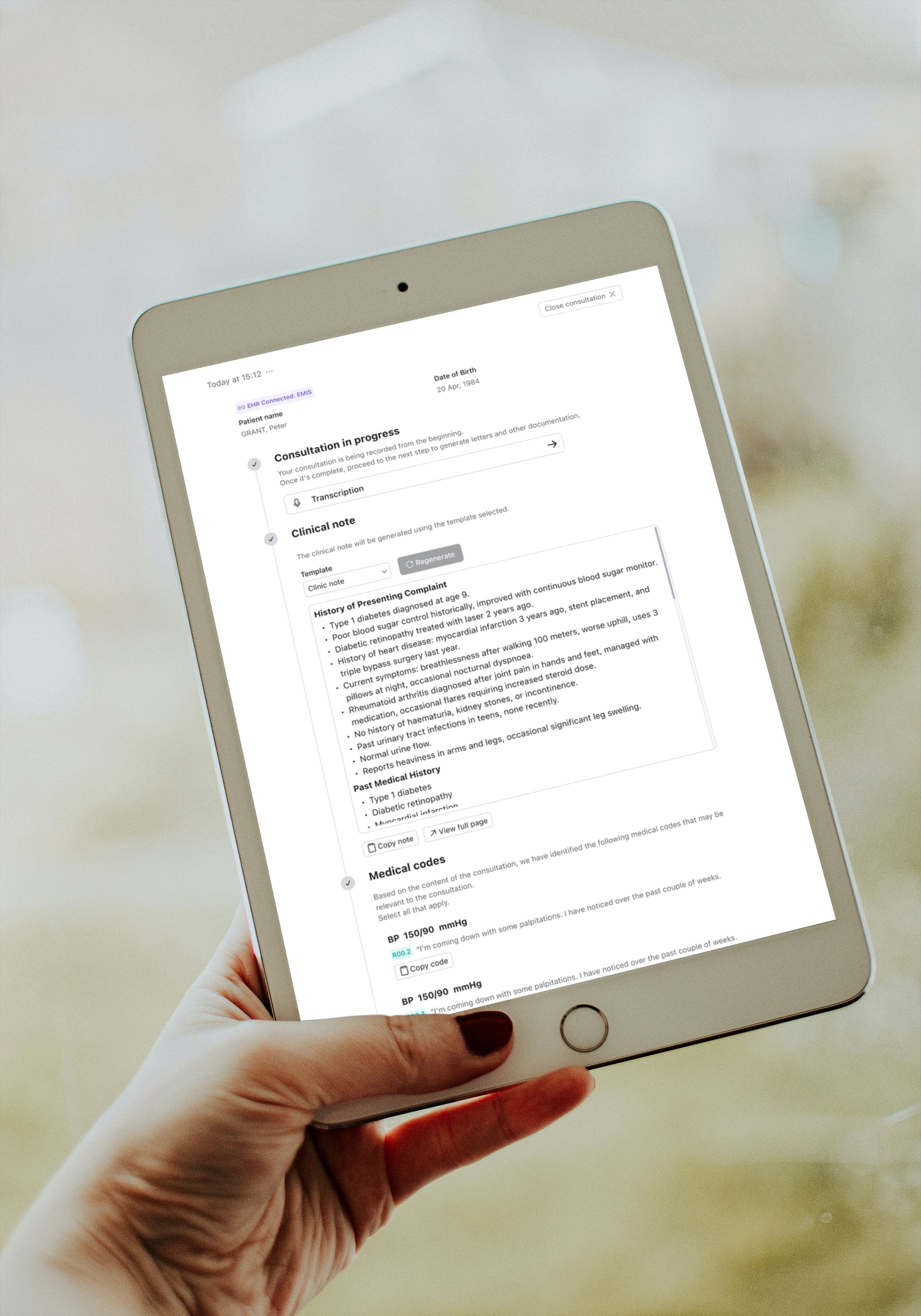 TORTUS AI medical scribe app interface showing clinical note generation on a mobile device