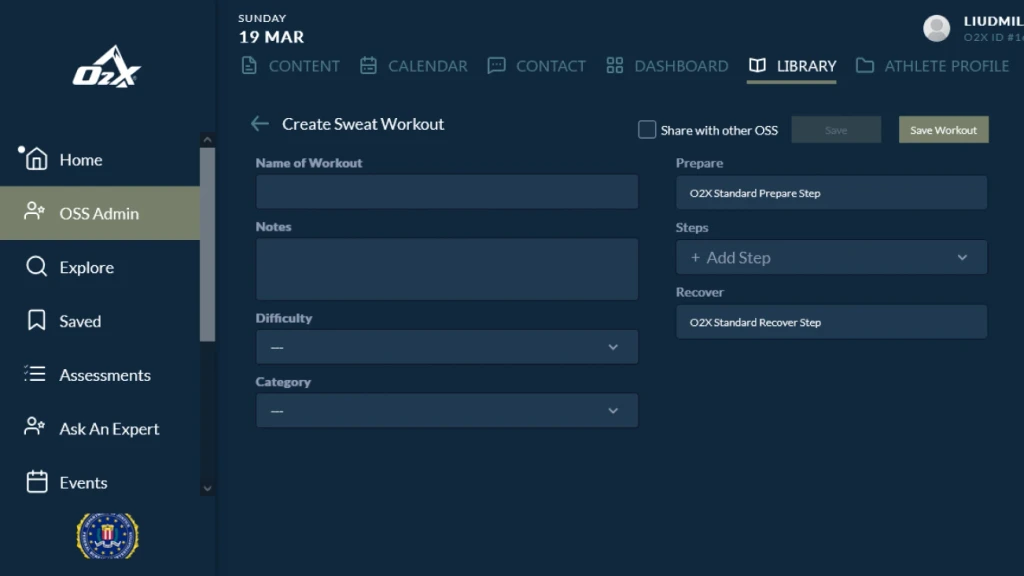 O2X Old UI OSS Admin webapp screen to create sweat workout