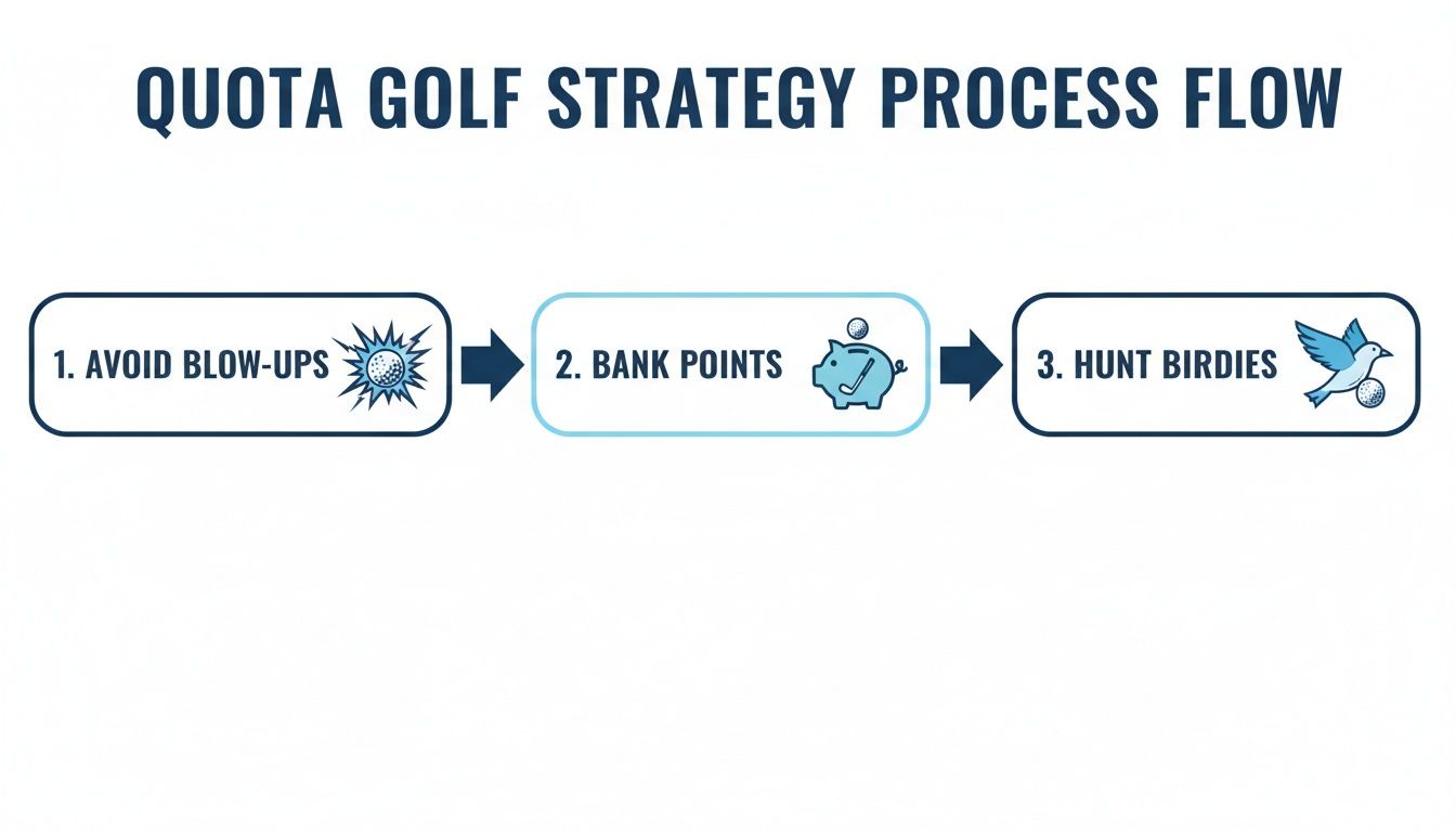A strategic process flow for quota golf, detailing how to avoid blow-ups, bank points, and hunt birdies.