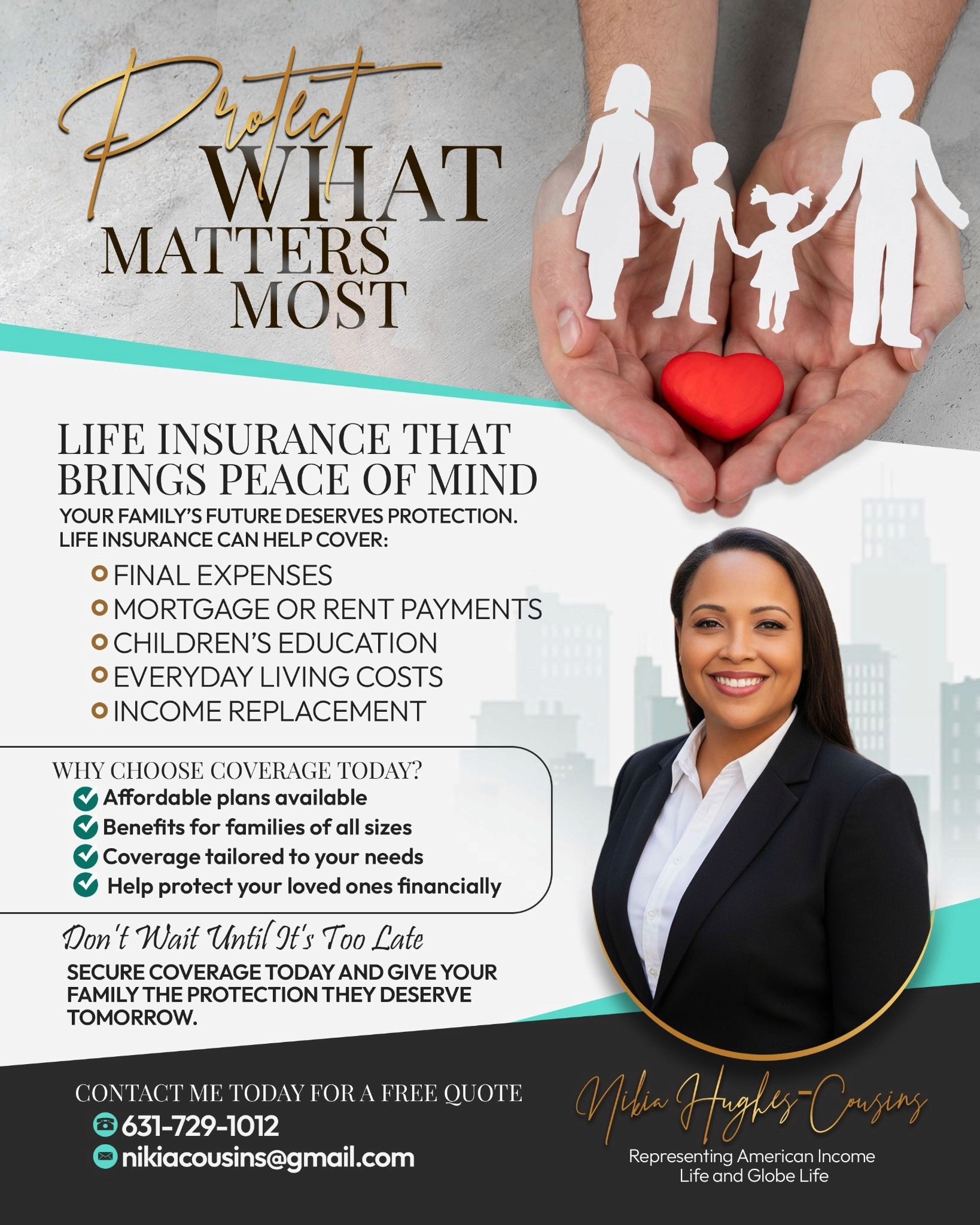 Life insurance flyer with family silhouettes, heart symbol, coverage benefits, and smiling insurance representative portrait.