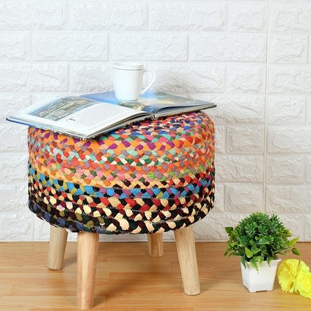 Handcrafted multicolor braided cotton pouf stool with wooden legs