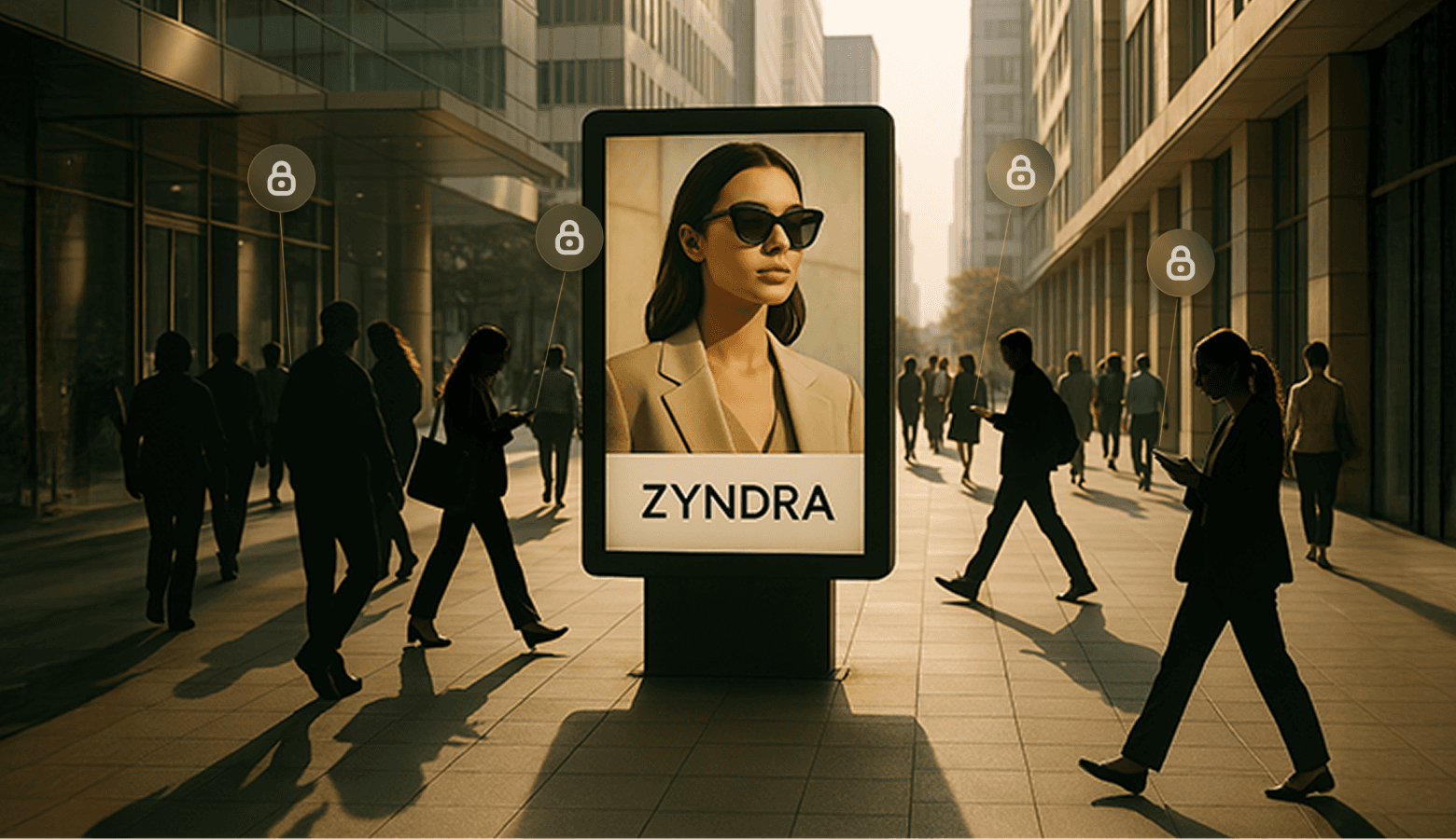 a man walking down a street past a large poster