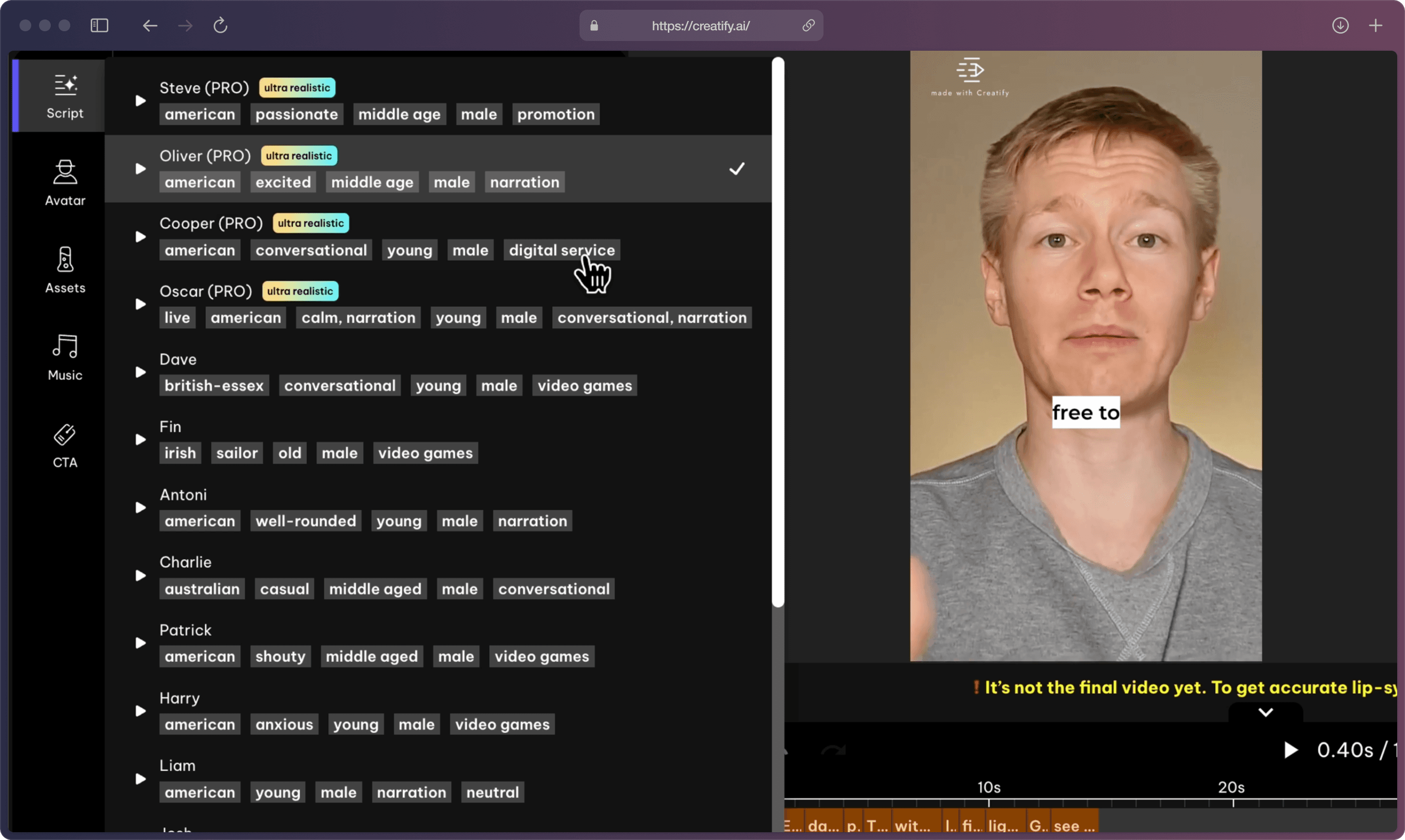 A screenshot of Creatify AI app’s Editor page showing several tools on the left, expanded on “Script” feature showing multiple elements and toggles like script, voice, and caption styles with cursor hovering on one of the voices.